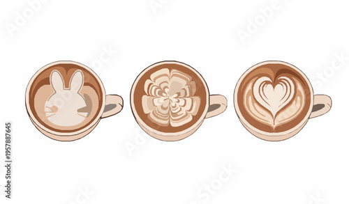 A cute vector illustration set of three coffee cups shown in front view, each filled with latte featuring detailed foam art designs: one with a rabbit face, one with a symmetrical flower rosette, and 