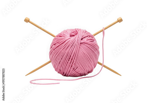 Pink yarn ball with knitting needles isolated on a transparent background wool