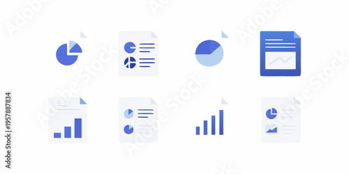 Collection of blue data visualization icons and charts on white background