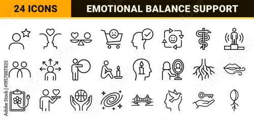 Mental Health and Psychology Line Icons featuring Minimalist Monoline Wellness Symbols for Therapy, Counseling, and Emotional Support.