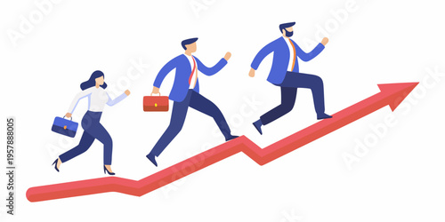 Business professionals running up a red arrow representing growth and success