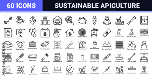 Urban Beekeeping and Honey Production Line Art - Minimalist Monoline Symbols for Sustainable Apiary Management and Apiculture Business.