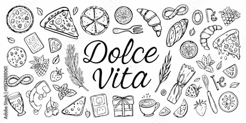 Hand drawn illustration of various pastries fruits and decorative elements