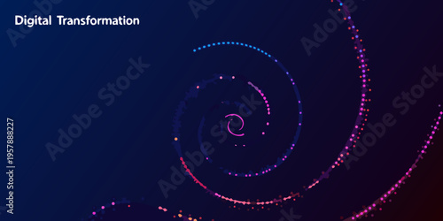 Abstract digital transformation concept with swirling particle trails and text