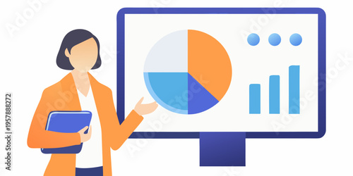 Woman presenting data analysis with a pie chart and bar graph
