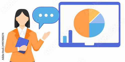 Woman presenting data analysis from a smartphone screen with a chart