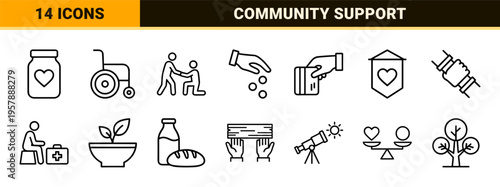 Humanitarian Aid and Charity Service Minimalist Monoline Icon Set featuring Community Support and Global Philanthropy Geometric Line Art