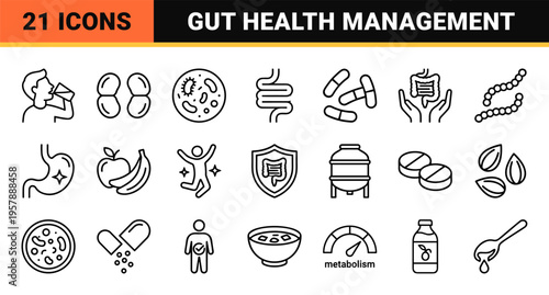 Probiotic and Microbiome Health Line Icons Featuring Digestive System Anatomy, Beneficial Bacteria Microbes, and Fermented Nutrition Symbols