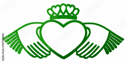 Green heart embraced by hands with a crown above it