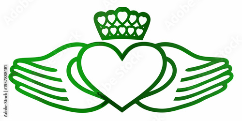 Green claddagh symbol featuring hands embracing a heart and crown