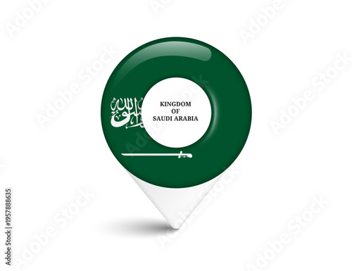 pin map or pin location featuring Saudi Arabia national flag, for designing travel or tourism information about Saudi Arabia, vector 3d illustration isolated on white background for advertising design