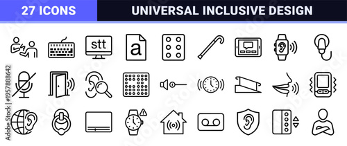 Inclusive Accessibility Monoline Icon Set for Deaf and Hard of Hearing Assistance featuring Minimalist Geometric Communication Symbols