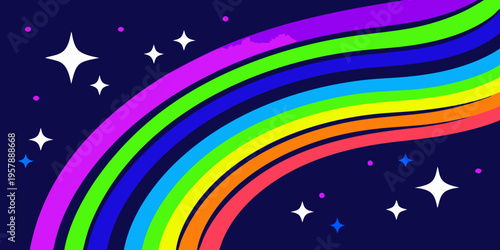 Vibrant rainbow arcs across a dark blue night sky with twinkling stars