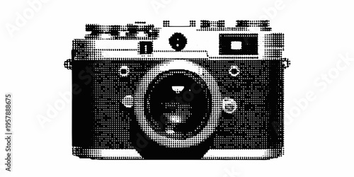 Vintage rangefinder camera depicted in a high contrast halftone style