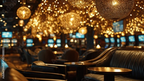 Luxurious casino lounge interior at night with golden bokeh chandeliers