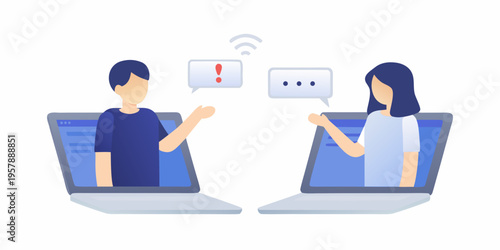 Two people connect during a virtual meeting using laptops