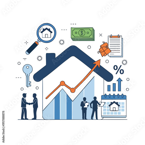 Illustration of real estate investment concept with house, graph, money, and people