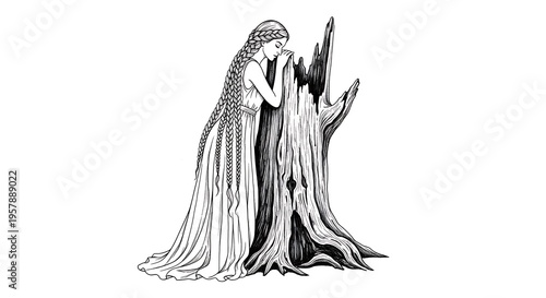 Mystical Dryad Embracing Ancient Tree Stump in Black and White Illustration.