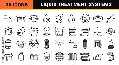 Industrial Water Treatment and Purification Systems Minimalist Monoline Icon Set featuring Filtration, Plumbing, and Lab Analysis Symbols