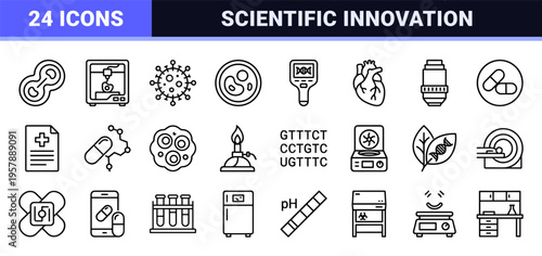 Biotechnology and Genetic Engineering Minimalist Monoline Icons, Geometric Line Art for Science, Medical Research, and Bio-Innovation.
