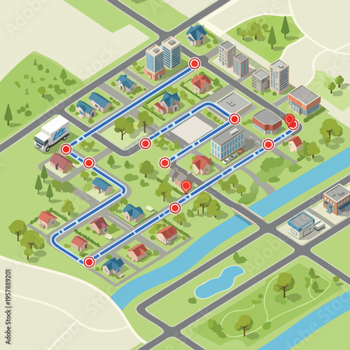 Isometric map showing a truck on a route with stops in a suburban neighborhood and city