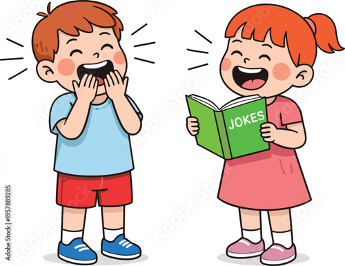 Cute cartoon children laughing reading joke book together happy kids friendship humor illustration playful education fun smiling childhood joy scene