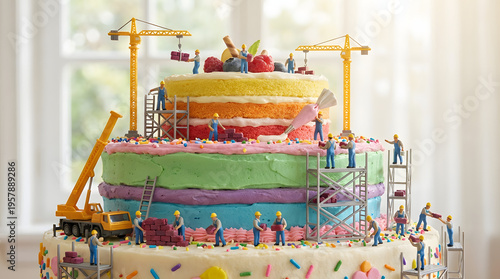 Construction workers building a colorful cake.