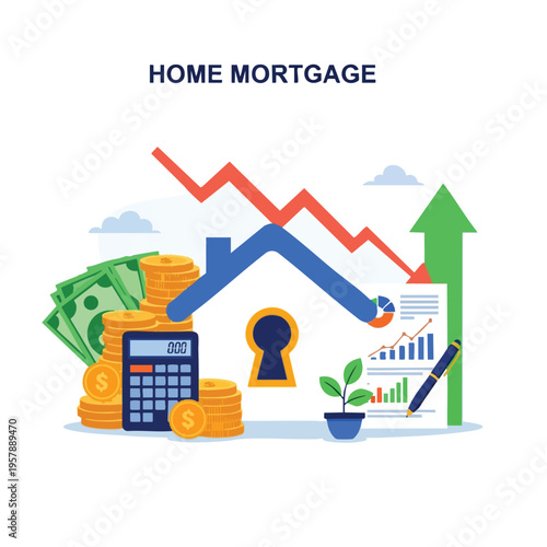 Conceptual image depicting home mortgage with financial growth symbols