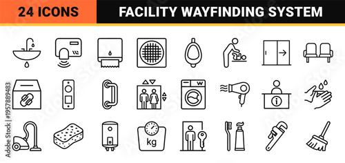 Public Facility Restroom Navigation Signage Icons Featuring Minimalist Monoline Geometric Outlines for Commercial Wayfinding Systems