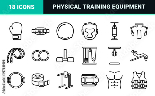 Minimalist Fitness and Gym Equipment Monoline Line Art; Geometric Outline Symbols for Bodybuilding, Wellness, and Athletic Training Apps