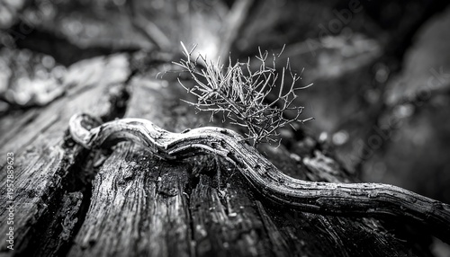 Wallpaper Mural Macro shot of a dried plant on a textured tree stump in black and white. Torontodigital.ca