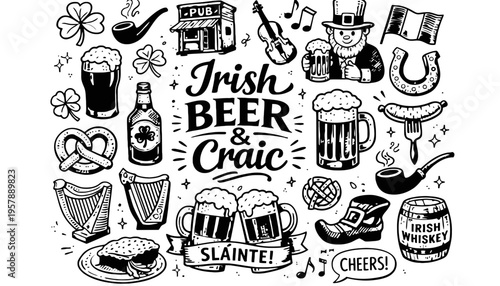 Irish beer and craic illustration with various festive icons and symbols