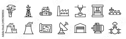 Smart Manufacturing and Industrial Logistics Linear Graphics featuring Automation Technology, Factory Production, and Global Supply Chain Systems.