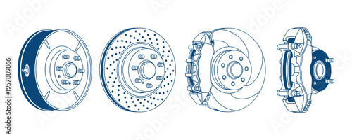 Four different types of car brake vector discs and calipers assembly