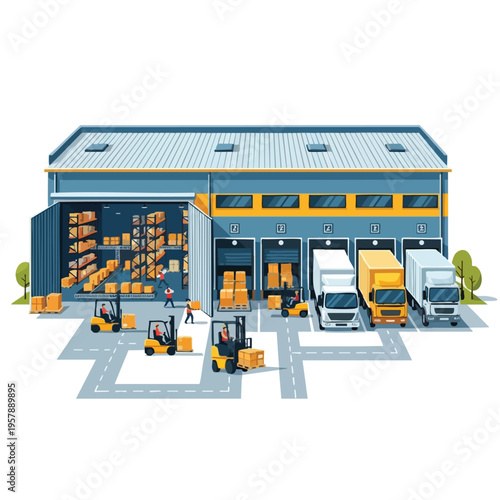 Busy warehouse scene with forklifts and trucks, active loading and unloading operations