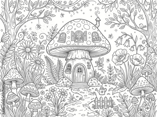 Whimsical Mushroom House Coloring Page with Flowers Fantasy Line Art Illustration