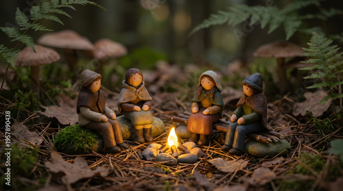 Miniature people sitting around campfire in forest.