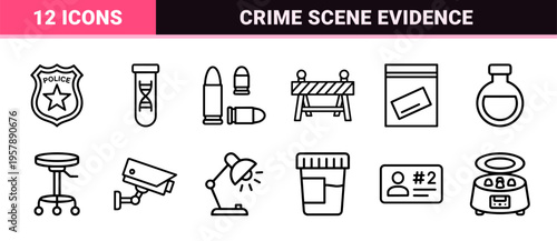 Forensic Science and Criminology Investigation Outline Icons with Minimalist Geometric Visual DNA for Professional Evidence Analysis