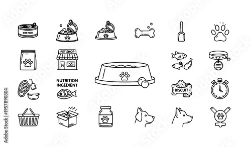 Dog Food and Pet Store Pixel Perfect Thin Line Vector Icons with Canned Food Bowl and Pet Care Symbols