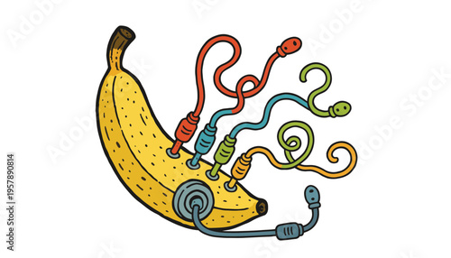A banana with colorful wires and plugs attached to it