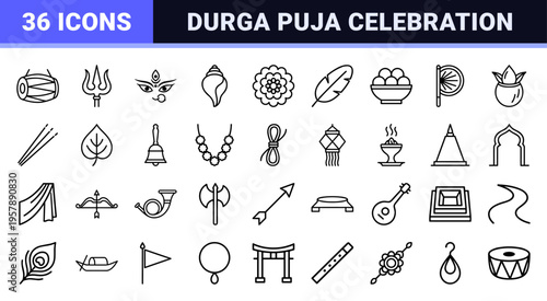 Bengali Heritage and Durga Puja Festival Line Art: Minimalist Monoline Geometric Outline Symbols for Cultural Branding and Web Design