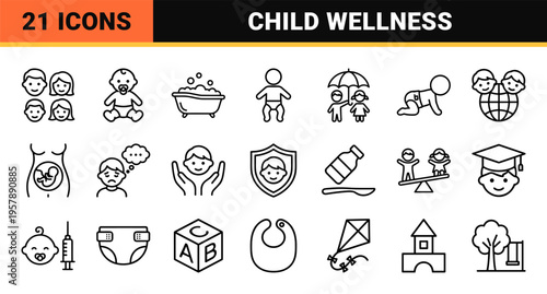 Pediatric Healthcare and Childcare Minimalist Monoline Icons Featuring Parenting, Baby Wellness, and Early Childhood Development Symbols