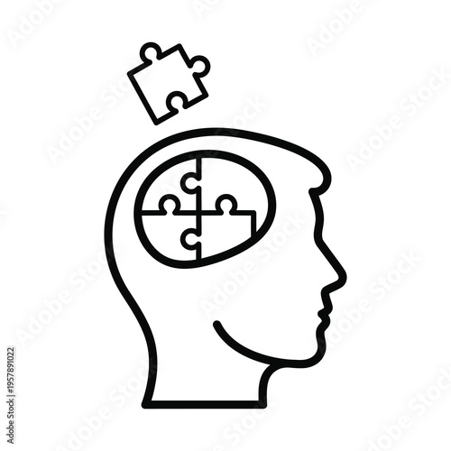 Black line icon of human head with puzzle pieces in brain and one above  symbolizing problem solving and critical thinking icon
