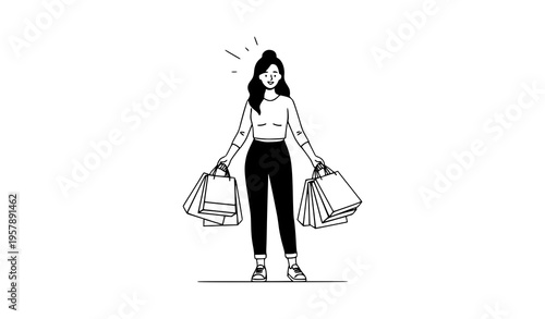Woman shopping with bags vector illustration retail lifestyle concept isolated on white background