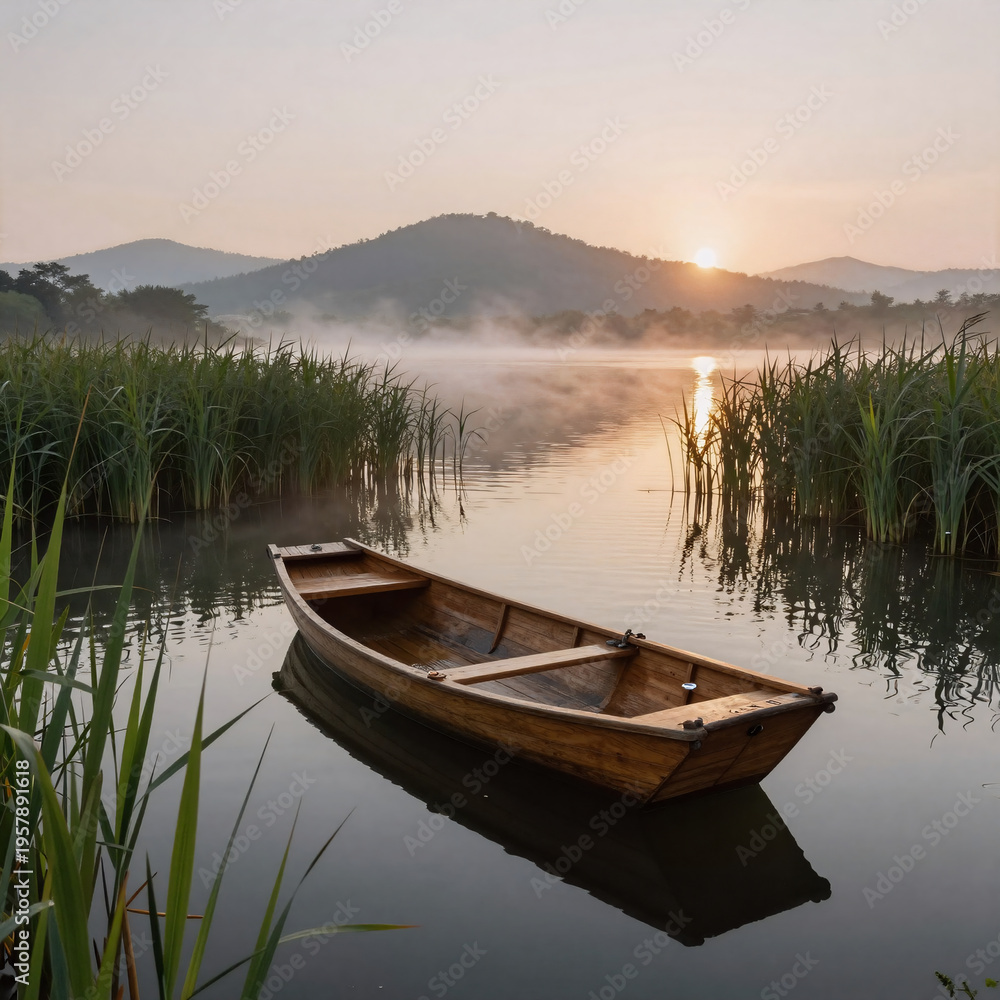 Obraz premium Minimalist Boat Hill. Wooden Boat Floats On Misty Sunrise Lake With Green Reeds, As Tranquil Dawn Light Illuminates Distant Hills