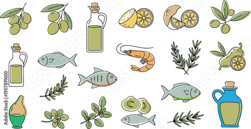 Mediterranean food ingredients set with olive oil fish shrimp lemon and herbs, healthy cooking collection vector illustration design