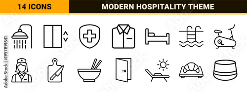 Hotel and Accommodation Services Minimalist Monoline Geometric Line Art Set for Professional Wayfinding and Digital Interface Design