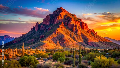 Wallpaper Mural Vibrant Desert Mountain Sunset with Saguaro Cacti. Torontodigital.ca