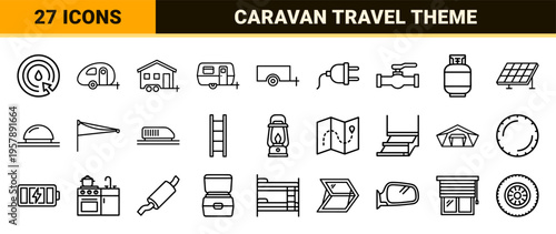 Minimalist Recreational Vehicle Outline Icons Featuring Camper Vans, Motorhomes, and Travel Trailers in Professional Geometric Monoline Style
