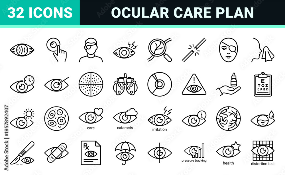 Fototapeta premium Ophthalmology and Glaucoma Care Medical Line Art Symbols featuring Minimalist Monoline Vision Health and Optometry Diagnostic Elements